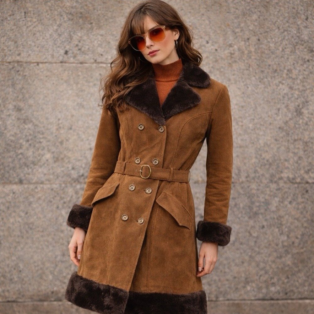 Vintage 70s Peter Robinson Shearling Suede Coat British Penny Lane England Made